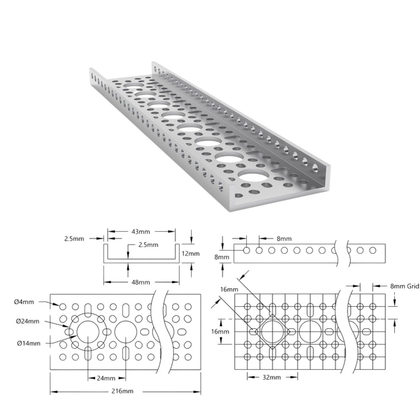 goBilda's 1121 Series Low-Side U-Channel (8 Hole, 216mm Length)